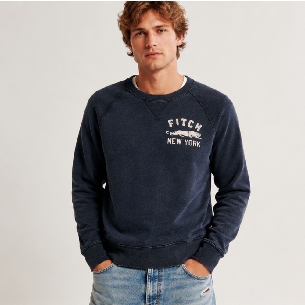 Abercrombie & Fitch Men's Navy Logo Crewneck Sweatshirt Fleece Raglan Size S